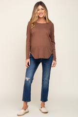 Brown Waffle Knit Curved Hem Long Sleeve Maternity Top