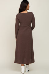 Brown Ribbed Knit Long Sleeve Maternity Wrap Dress