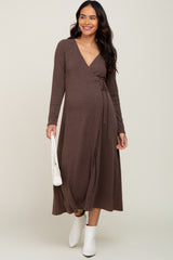 Brown Ribbed Knit Long Sleeve Maternity Wrap Dress