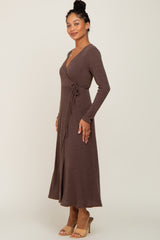 Brown Ribbed Knit Long Sleeve Wrap Dress