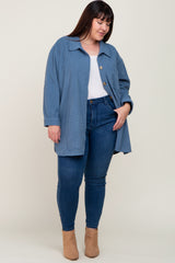 Blue Textured Button Down Maternity Plus Shacket