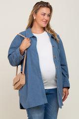 Blue Textured Button Down Maternity Plus Shacket