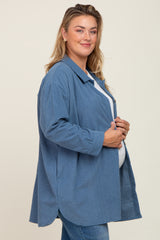 Blue Textured Button Down Maternity Plus Shacket