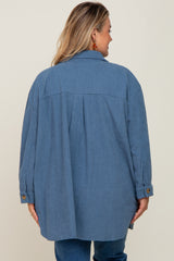 Blue Textured Button Down Maternity Plus Shacket