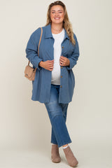 Blue Textured Button Down Maternity Plus Shacket