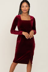 Burgundy Velvet Long Sleeve Side Slit Dress