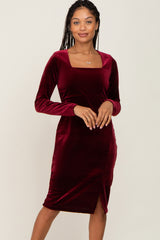 Burgundy Velvet Long Sleeve Side Slit Maternity Dress