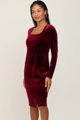 Burgundy Velvet Long Sleeve Side Slit Dress