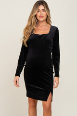 Black Velvet Long Sleeve Side Slit Maternity Dress