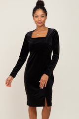 Black Velvet Long Sleeve Side Slit Maternity Dress