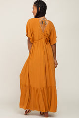 Camel V-Neck Flounce Sleeve Maxi Dress