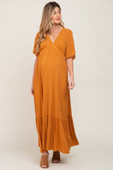 Camel V-Neck Flounce Sleeve Maternity Maxi Dress