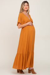 Camel V-Neck Flounce Sleeve Maternity Maxi Dress