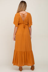 Camel V-Neck Flounce Sleeve Maternity Maxi Dress