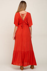 Rust V-Neck Flounce Sleeve Maternity Maxi Dress