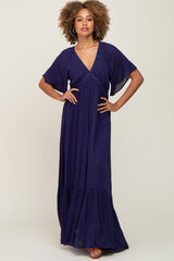 Navy V-Neck Flounce Sleeve Maternity Maxi Dress