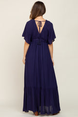 Navy V-Neck Flounce Sleeve Maternity Maxi Dress