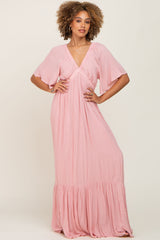 Light Pink V-Neck Flounce Sleeve Maxi Dress