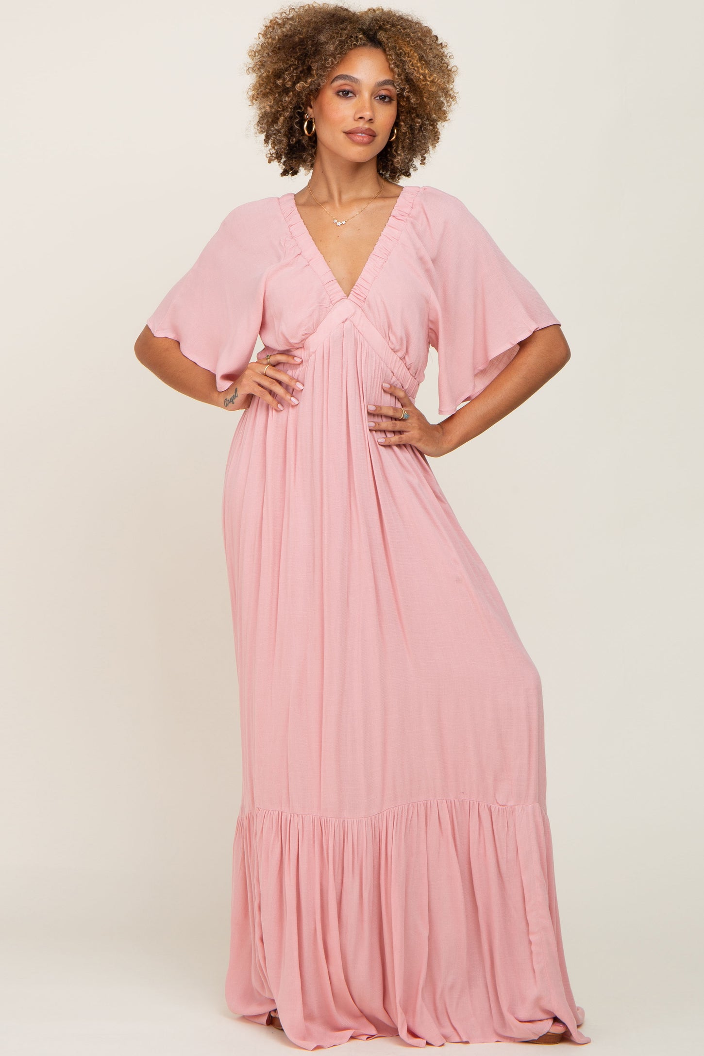 Light Pink V-Neck Flounce Sleeve Maternity Maxi Dress– PinkBlush