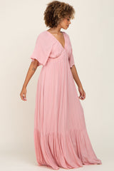 Light Pink V-Neck Flounce Sleeve Maxi Dress