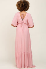 Light Pink V-Neck Flounce Sleeve Maxi Dress