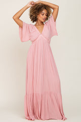 Light Pink V-Neck Flounce Sleeve Maxi Dress