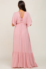 Light Pink V-Neck Flounce Sleeve Maternity Maxi Dress