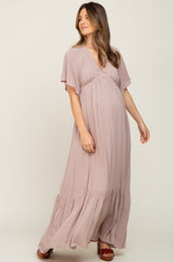 Taupe V-Neck Flounce Sleeve Maternity Maxi Dress