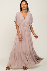 Taupe V-Neck Flounce Sleeve Maxi Dress