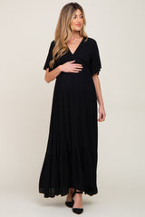 Black V-Neck Flounce Sleeve Maternity Maxi Dress