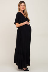 Black V-Neck Flounce Sleeve Maternity Maxi Dress