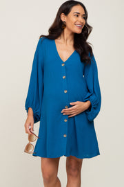 Teal Button Front Balloon Sleeve Maternity Dress