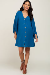 Teal Button Front Balloon Sleeve Maternity Dress