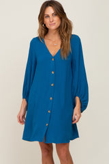 Teal Button Front Balloon Sleeve Maternity Dress