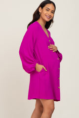 Magenta Button Front Balloon Sleeve Maternity Dress