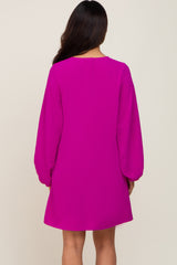 Magenta Button Front Balloon Sleeve Maternity Dress