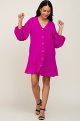 Magenta Button Front Balloon Sleeve Maternity Dress