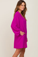 Magenta Button Front Balloon Sleeve Dress