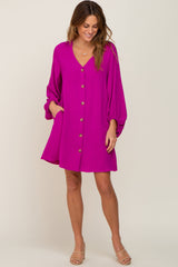 Magenta Button Front Balloon Sleeve Dress