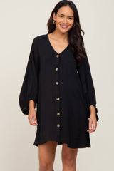 Black Button Front Balloon Sleeve Maternity Dress