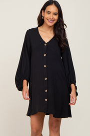 Black Button Front Balloon Sleeve Maternity Dress