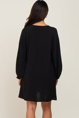 Black Button Front Balloon Sleeve Maternity Dress