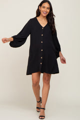 Black Button Front Balloon Sleeve Maternity Dress