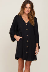 Black Button Front Balloon Sleeve Maternity Dress