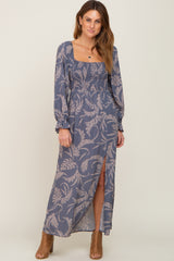 Blue Leaf Print Smocked Maternity Maxi Dress