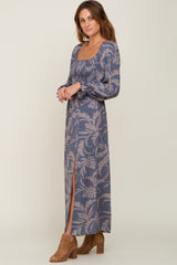 Blue Leaf Print Smocked Maxi Dress