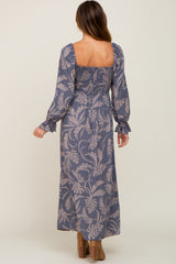 Blue Leaf Print Smocked Maxi Dress