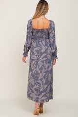 Blue Leaf Print Smocked Maternity Maxi Dress