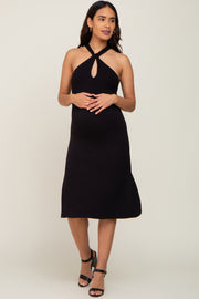 Black Halter Twist Maternity Midi Dress