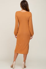 Camel Ribbed Knit Cinched Long Sleeve Midi Dress